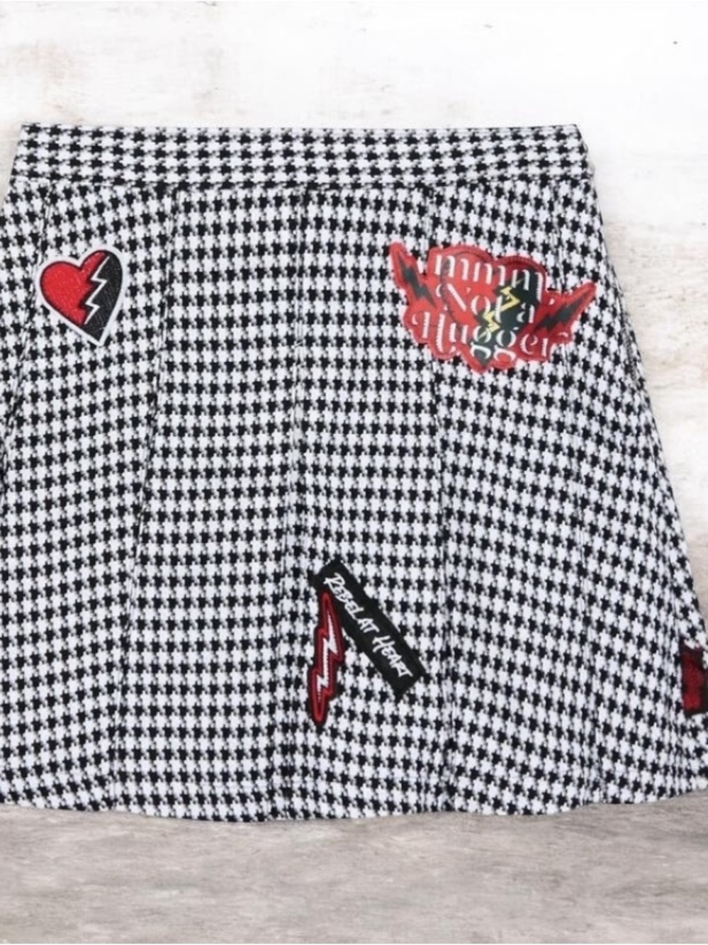 Disney Black & White Houndstooth Skater Skirt with Red Patch Accents